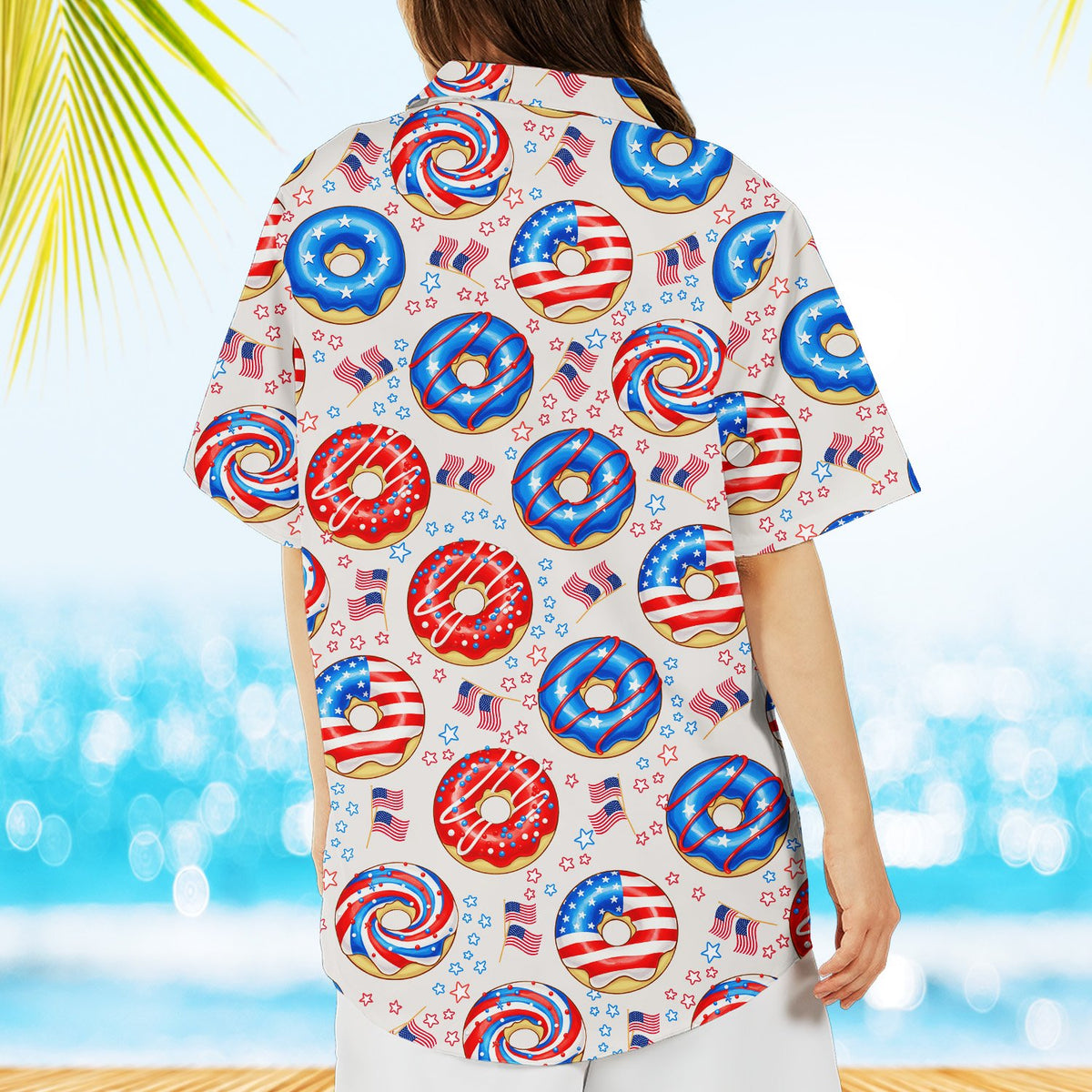 Close up back view highlighting the scattered stars and flags on the shirt