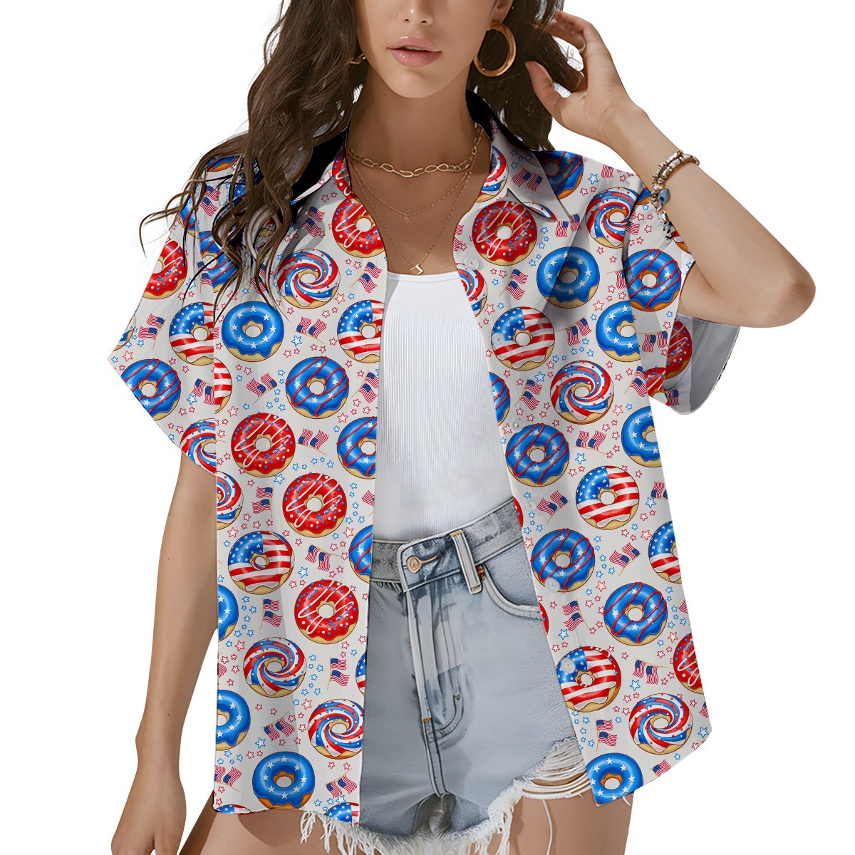 Front view of the white matching family hawaiian shirt featuring patriotic donuts
