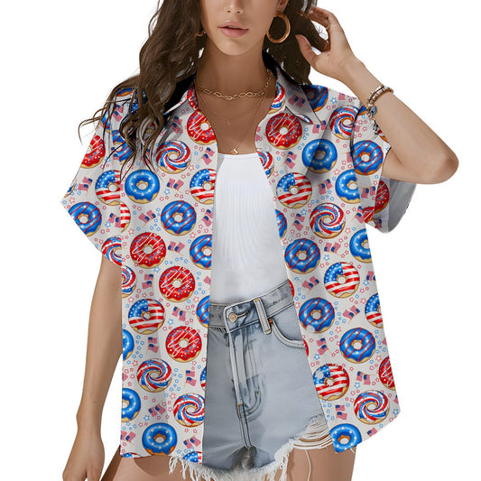 Main view of the fourth of july donuts hawaiian shirt on a white background