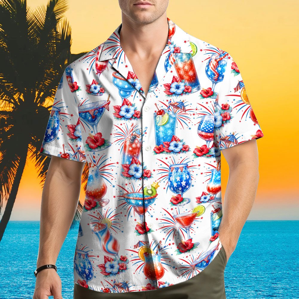 Second lifestyle view featuring the holiday drinks hawaiian shirt