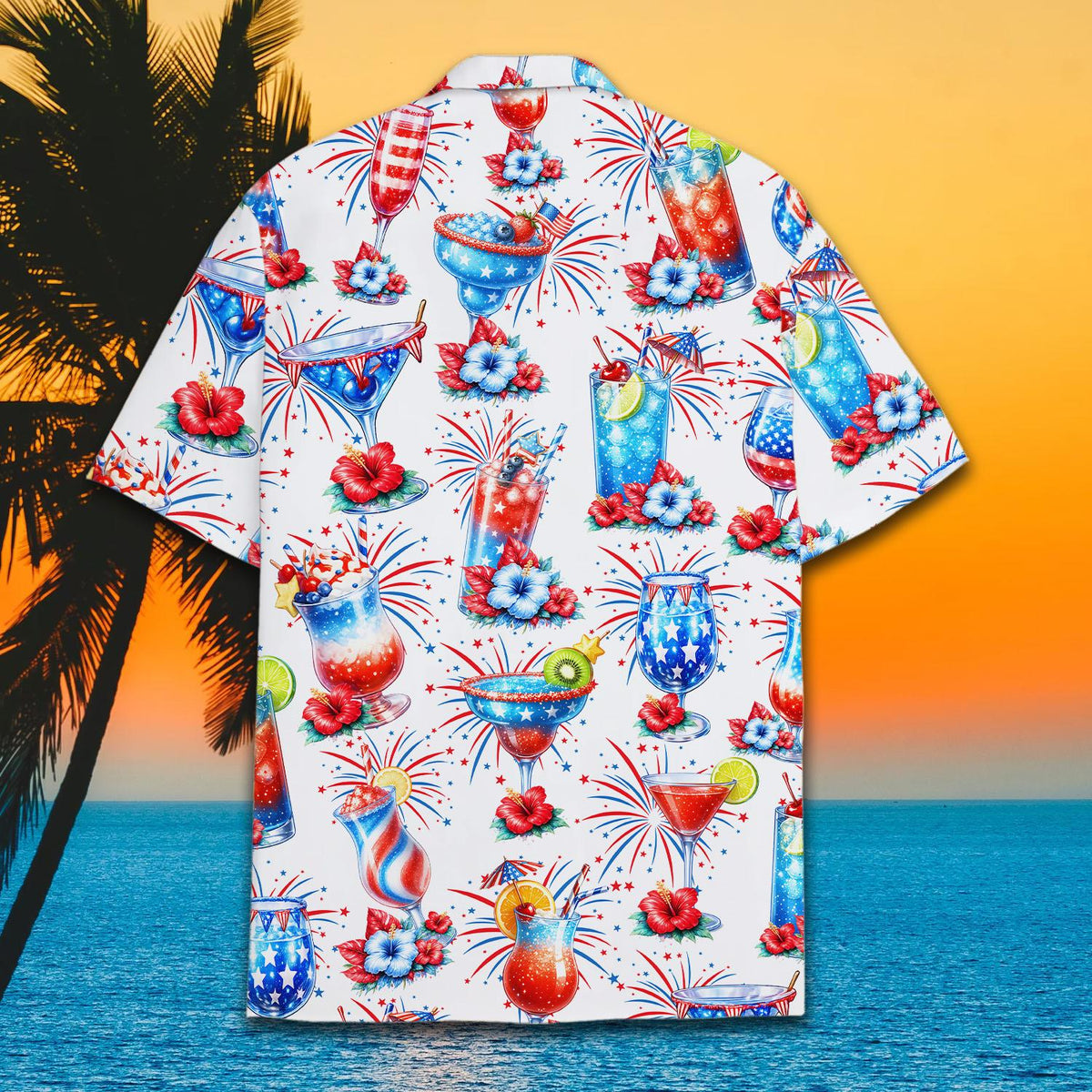 Fourth lifestyle view of the patriotic cocktails hawaiian shirt