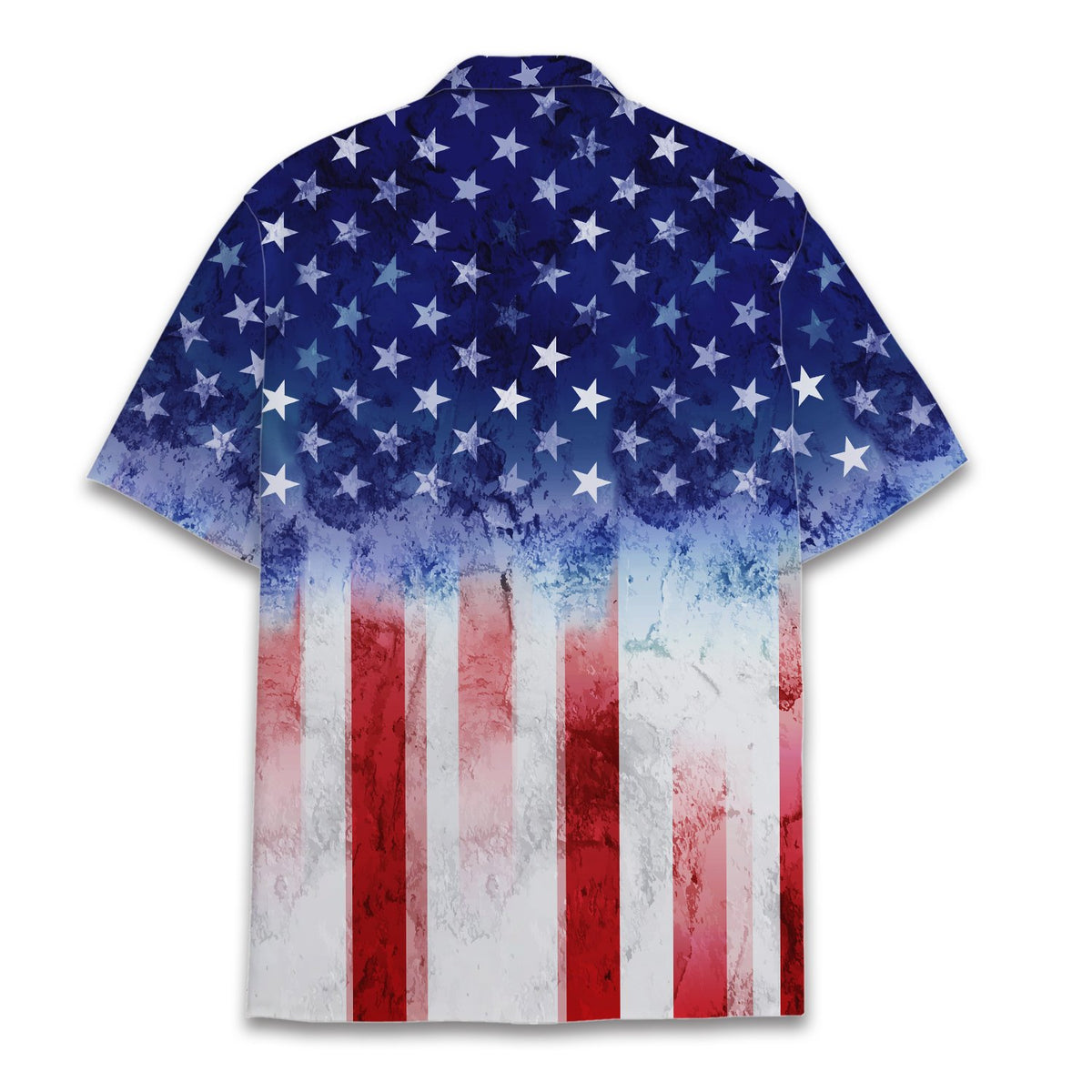 Back view of the distressed US flag button-down Hawaiian shirt