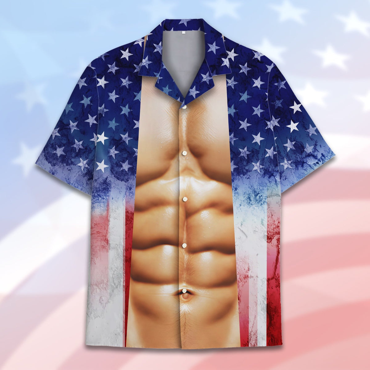 Fourth of July fake torso Hawaiian shirt featuring distressed US flag design