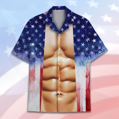 Fourth of July fake torso Hawaiian shirt featuring distressed US flag design