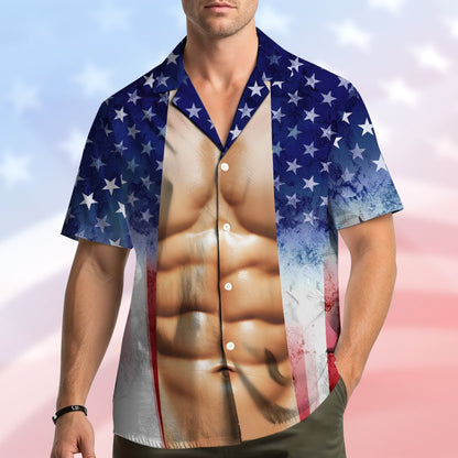 Lifestyle view of the matching family Hawaiian shirt for the Fourth of July