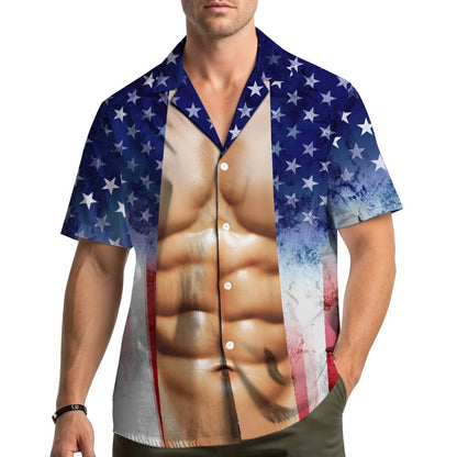 Adult wearing the Fourth of July fake torso Hawaiian shirt outdoors