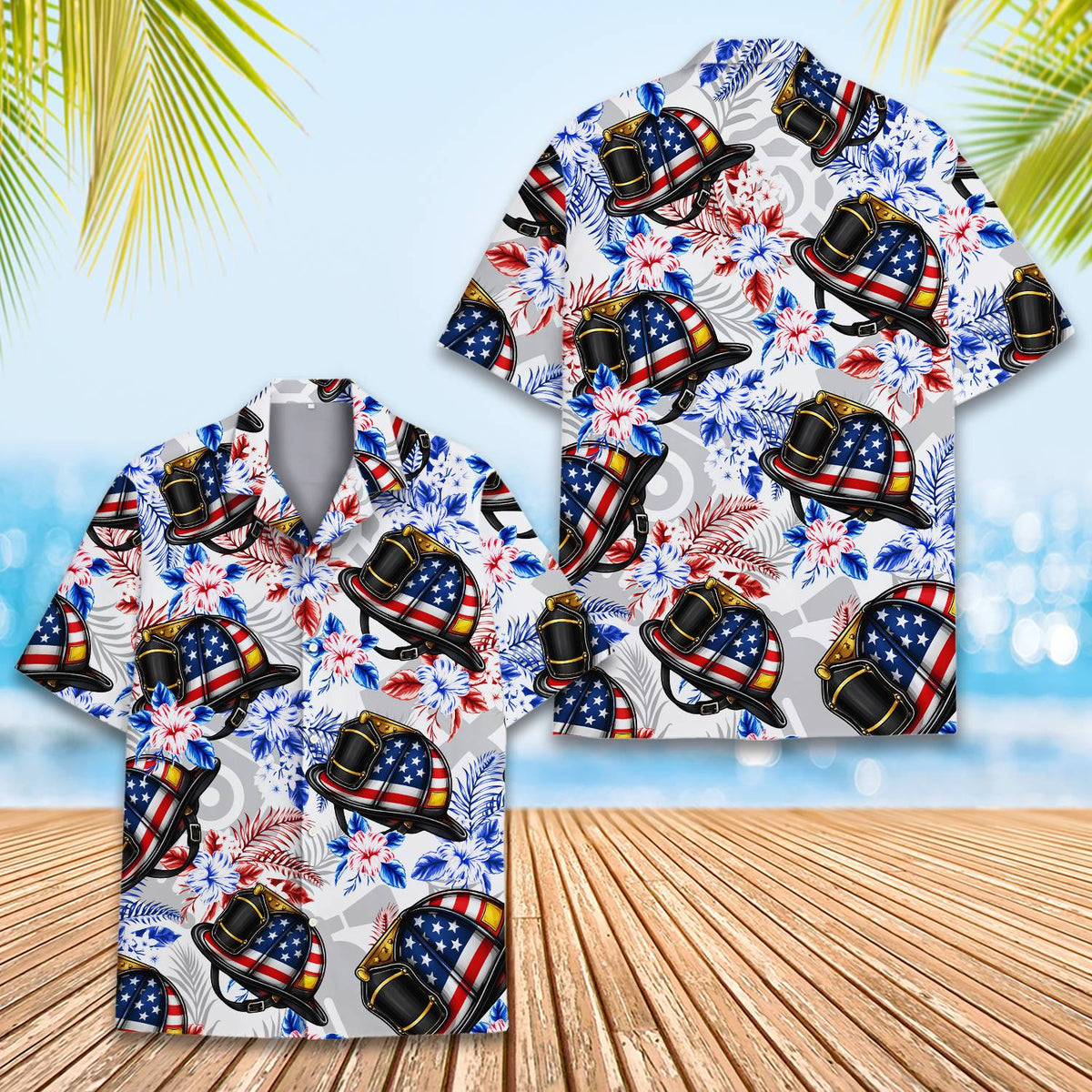 Alternate front view of fourth of july firefighter hawaiian shirt