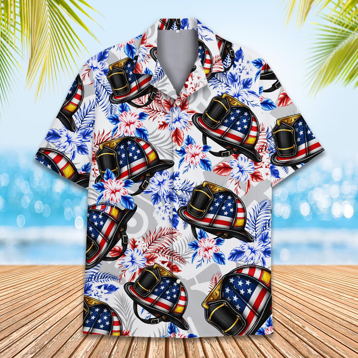 Detailed front view showing patriotic firefighter helmets and tropical print