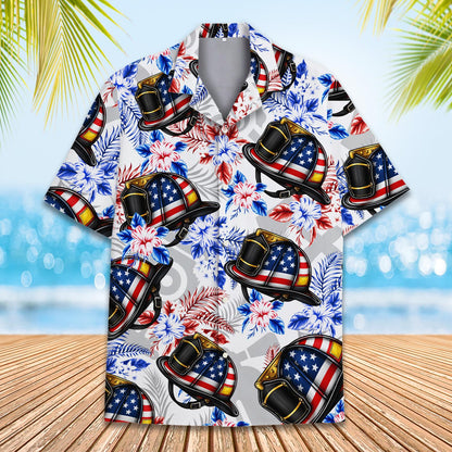 Detailed front view showing patriotic firefighter helmets and tropical print