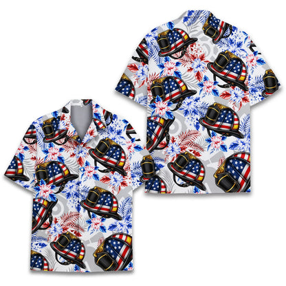 Front view of matching family hawaiian shirt with patriotic firefighter and hibiscus design