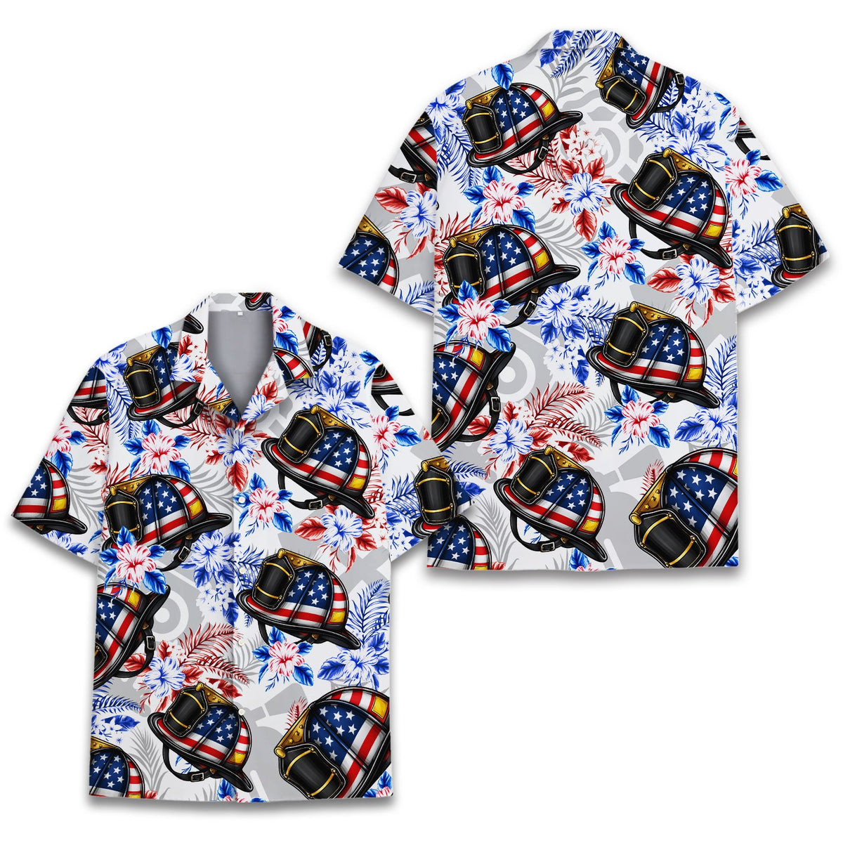 Fourth of july firefighter hawaiian shirt featuring flag motif helmets and tropical flowers, main view