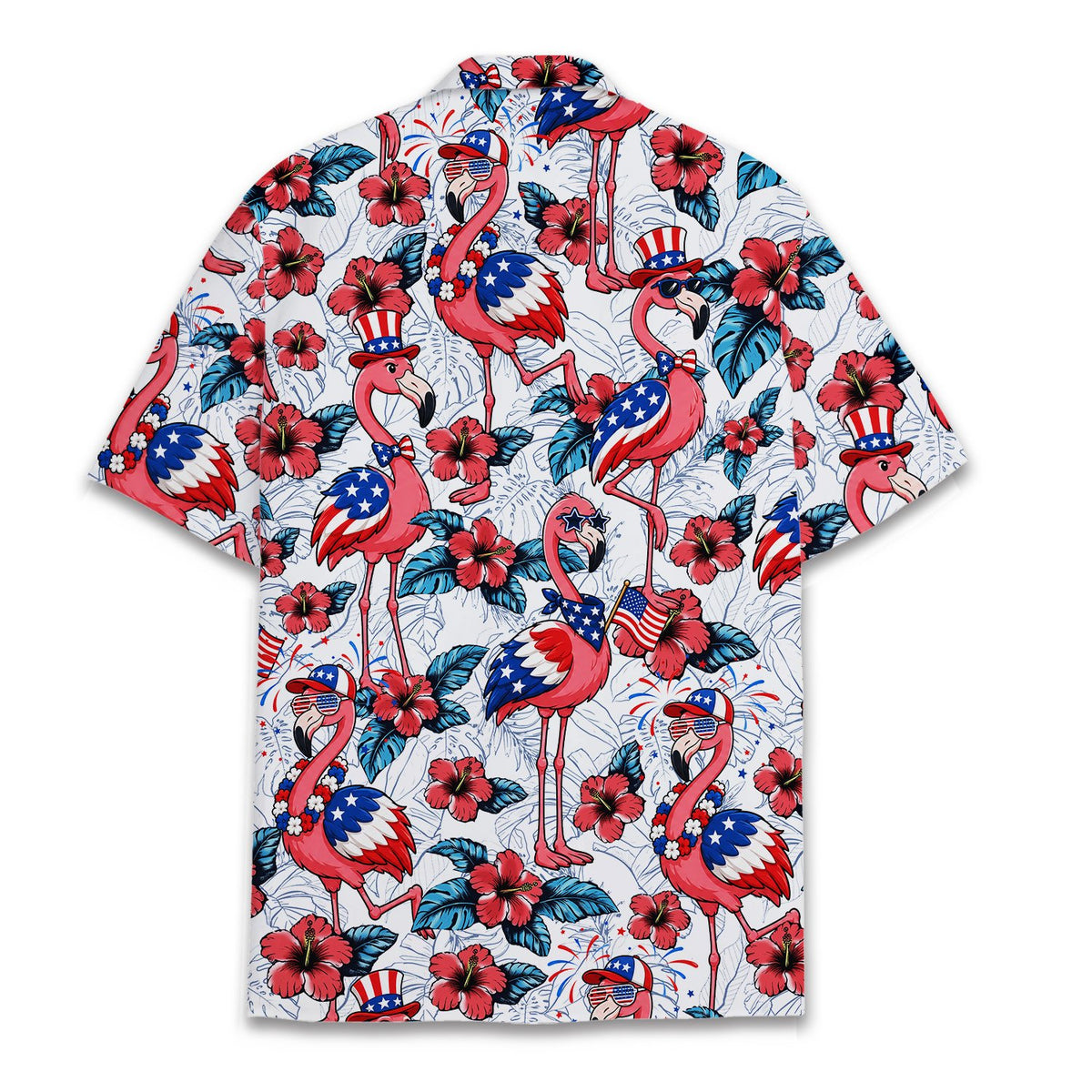 Back view of the fourth of july flamingos hawaiian shirt