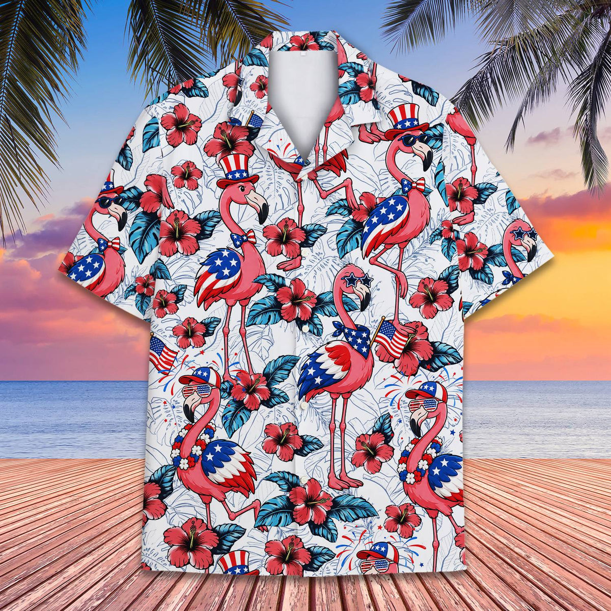 Close-up front view of the tropical fourth of july flamingo pattern on the hawaiian shirt