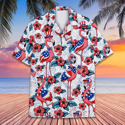 Close-up front view of the tropical fourth of july flamingo pattern on the hawaiian shirt