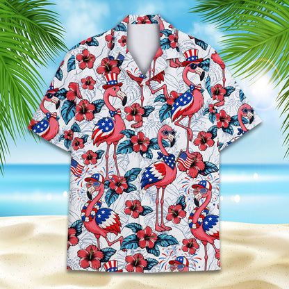 Detail view of the collar and buttons on the flamingos hawaiian shirt