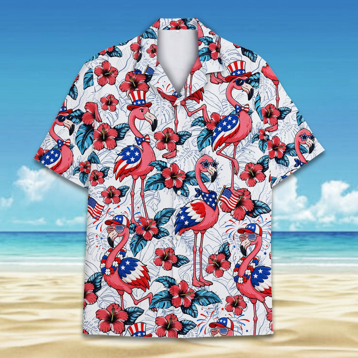 Alternative front angle of the fourth of july flamingos hawaiian shirt