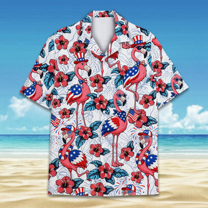 Alternative front angle of the fourth of july flamingos hawaiian shirt