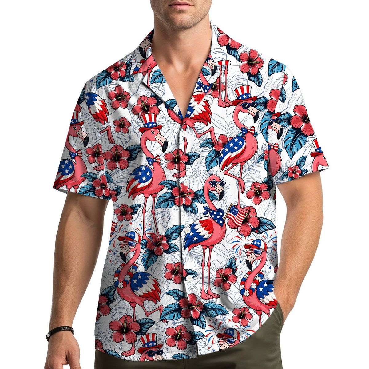 Lifestyle view of a family wearing matching fourth of july flamingos hawaiian shirts outdoors