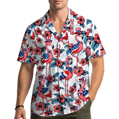 Lifestyle view of a family wearing matching fourth of july flamingos hawaiian shirts outdoors