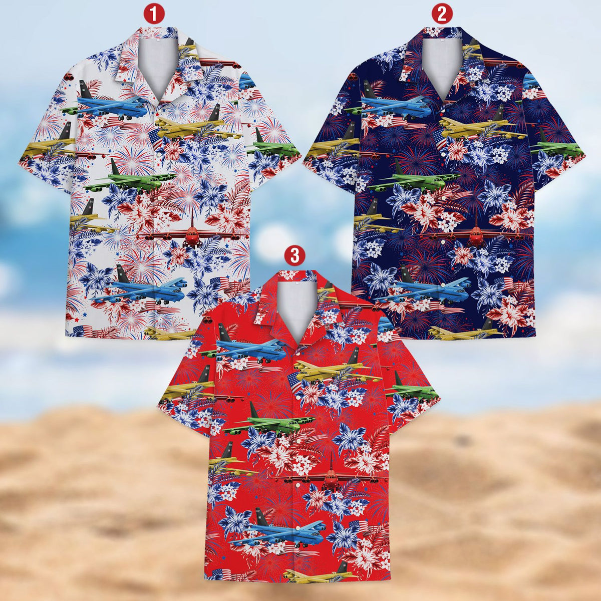 Close-up front view showing vibrant red, white, and blue details on the hawaiian shirt