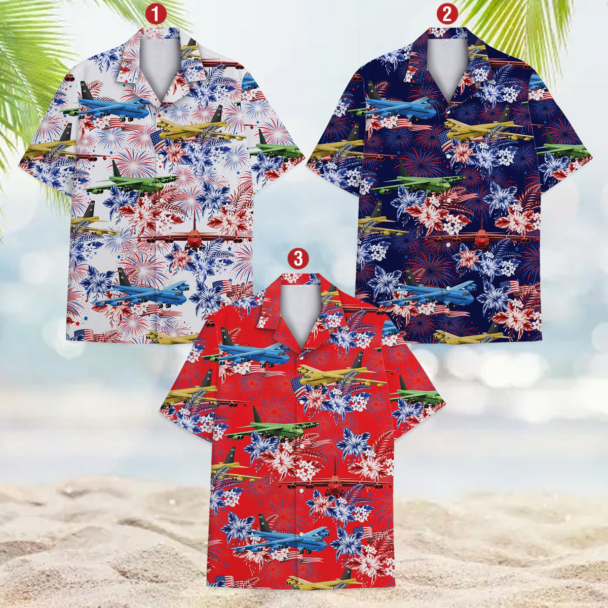 Another front angle of the matching family hawaiian shirt highlighting the hibiscus and palm leaf elements