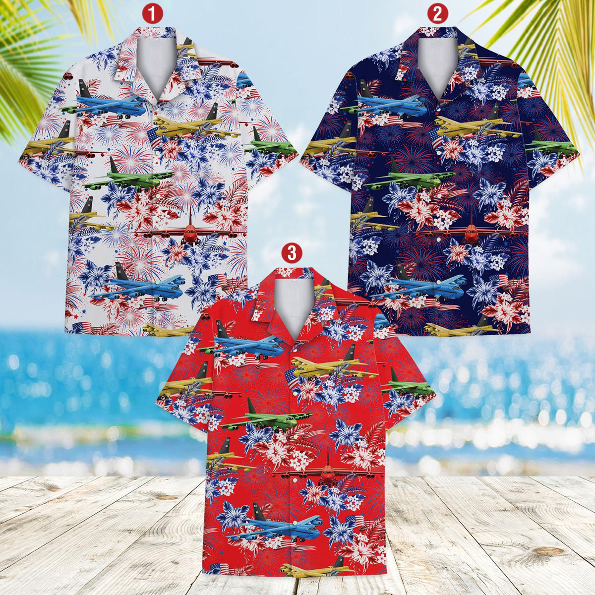Detailed front view displaying the colorful military airplanes on the fourth of july shirt