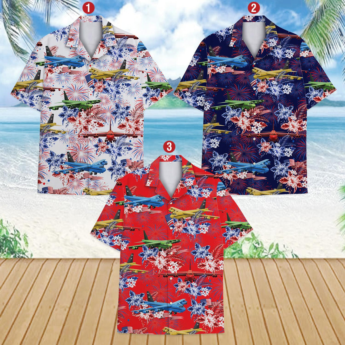 Additional front view showing the full patriotic pattern of the hawaiian shirt