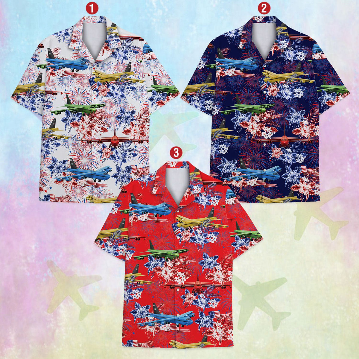 Front view of the fourth of july hawaiian shirt with airplane and flag pattern