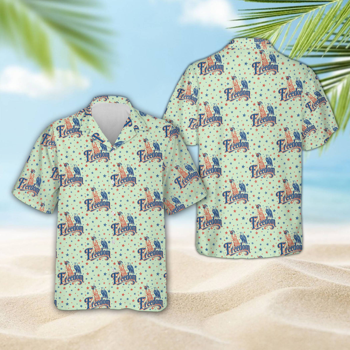 Green fourth of july hawaiian shirt, front view