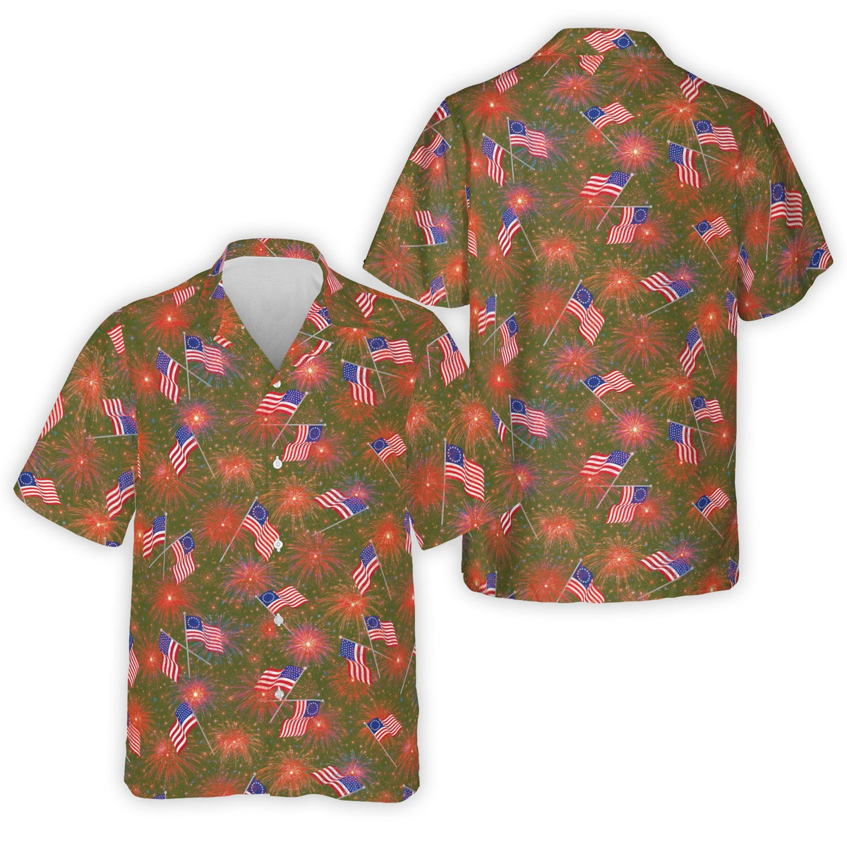 Green fourth of july hawaiian shirt with American flag and fireworks pattern
