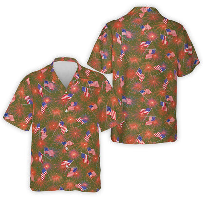 Green fourth of july hawaiian shirt with American flag and fireworks pattern