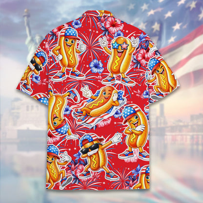 Alternate back view of the holiday hawaiian shirt with patriotic hot dogs