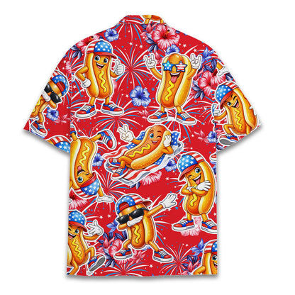 Back view of the red fourth hawaiian shirt showing the continuous hot dog pattern