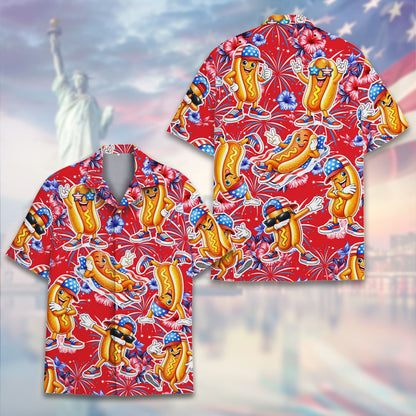 Alternate front view of the red holiday hawaiian shirt with hibiscus flowers