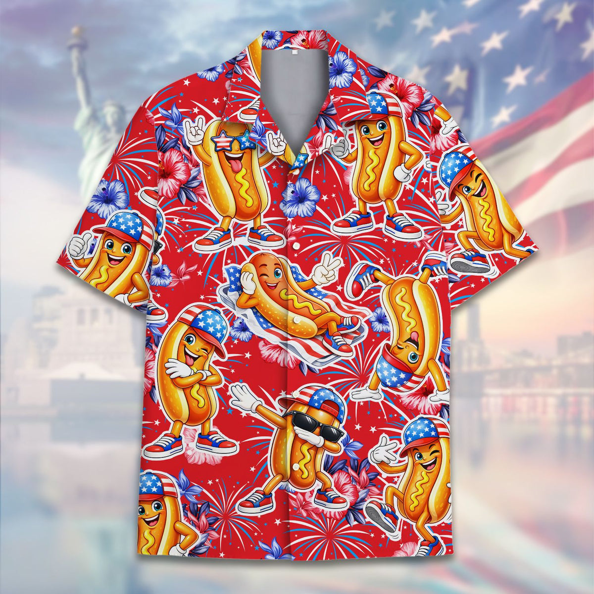 Close up front view of the festive Fourth of July hot dog print on the hawaiian shirt
