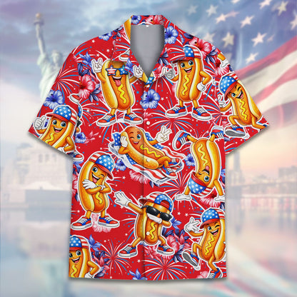 Close up front view of the festive Fourth of July hot dog print on the hawaiian shirt