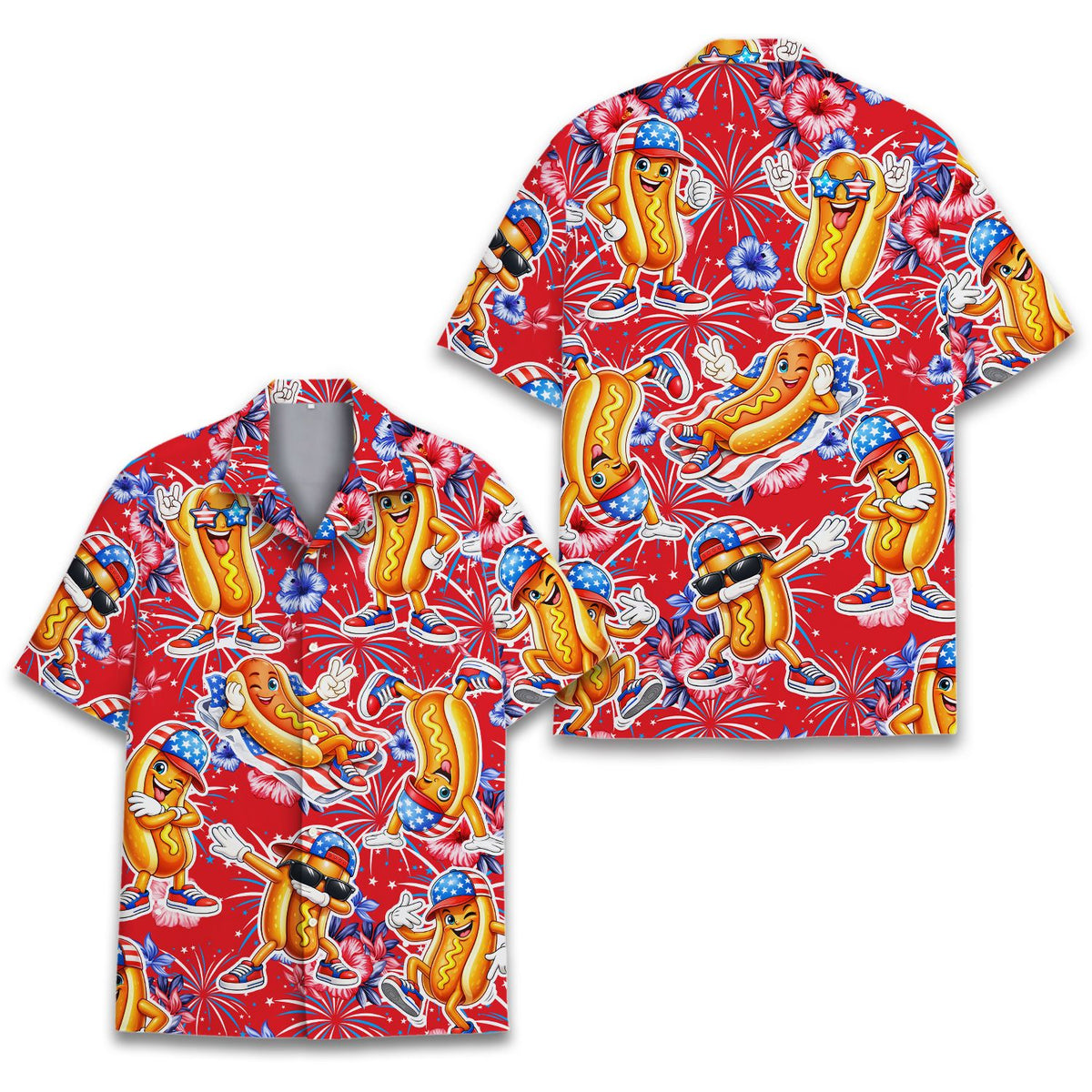 Front view of the matching family hawaiian shirt with Fourth of July hot dog design