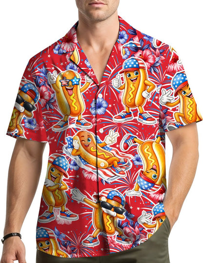 Lifestyle view of the family wearing the festive Fourth of July hawaiian shirts
