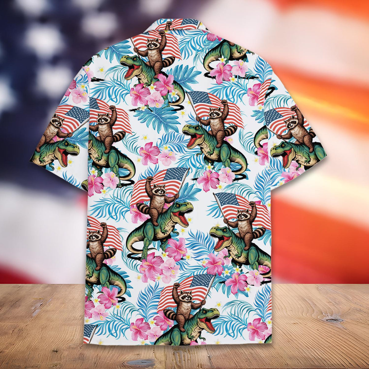 Detailed back view of the fourth of july hawaiian shirt featuring a raccoon and T-Rex patriotic tropical print