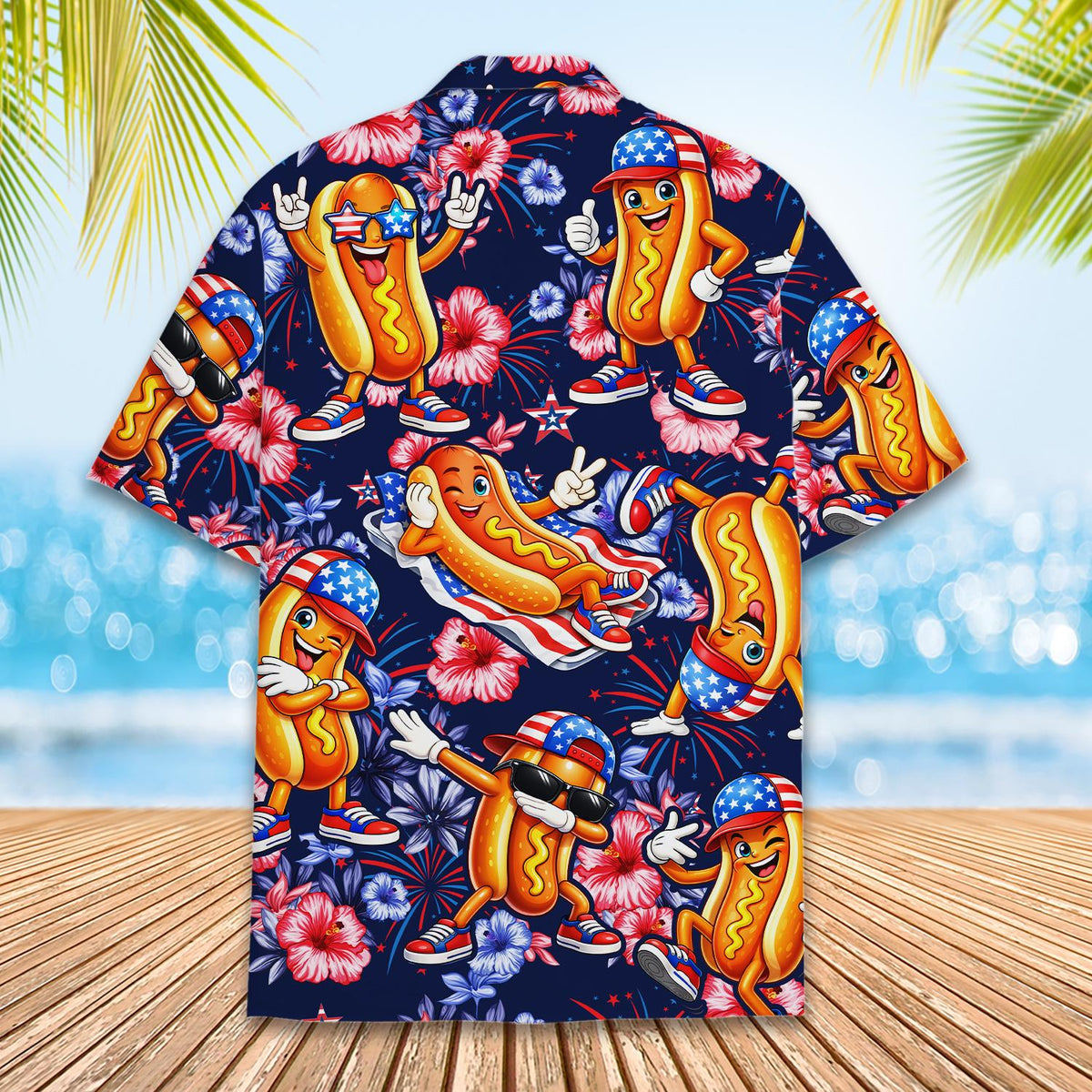 Matching family hawaiian shirts featuring hot dogs and hibiscus flowers, back view