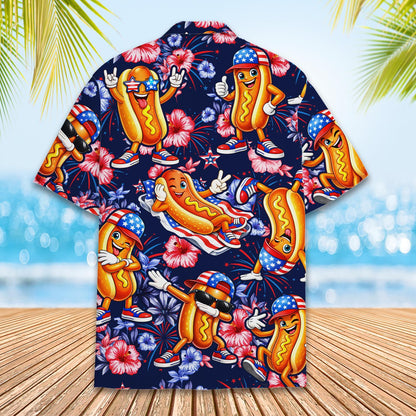Matching family hawaiian shirts featuring hot dogs and hibiscus flowers, back view