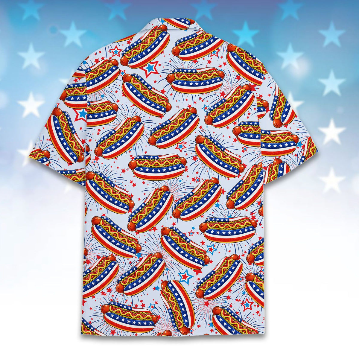 Alternate back view of the fourth of july hot dog and fireworks hawaiian shirt