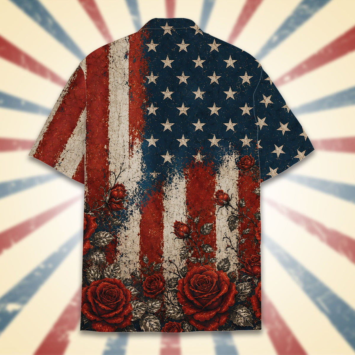 Close up back view of the distressed American flag and floral pattern
