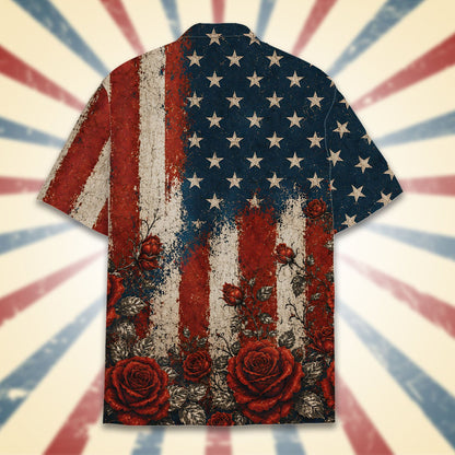 Close up back view of the distressed American flag and floral pattern