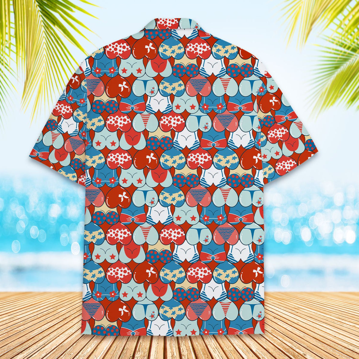 Detailed back view of the hawaiian shirt showcasing the patriotic cartoon design