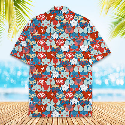 Detailed back view of the hawaiian shirt showcasing the patriotic cartoon design