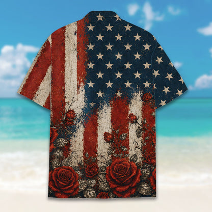 Detailed back view showing the vibrant red roses and stars pattern