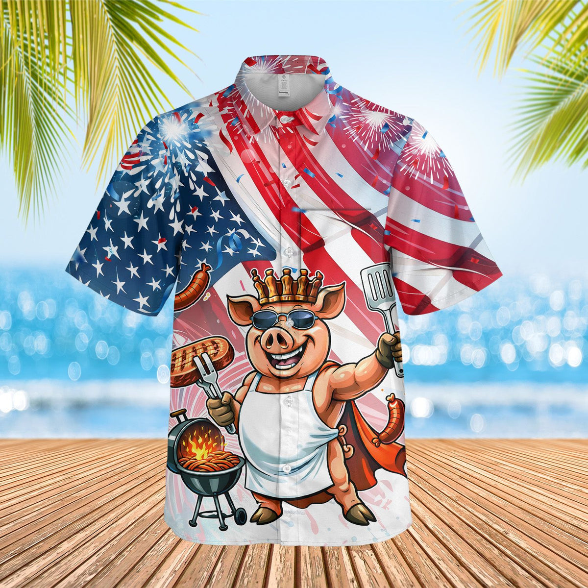 Detail back view of the fourth of july hawaiian shirt