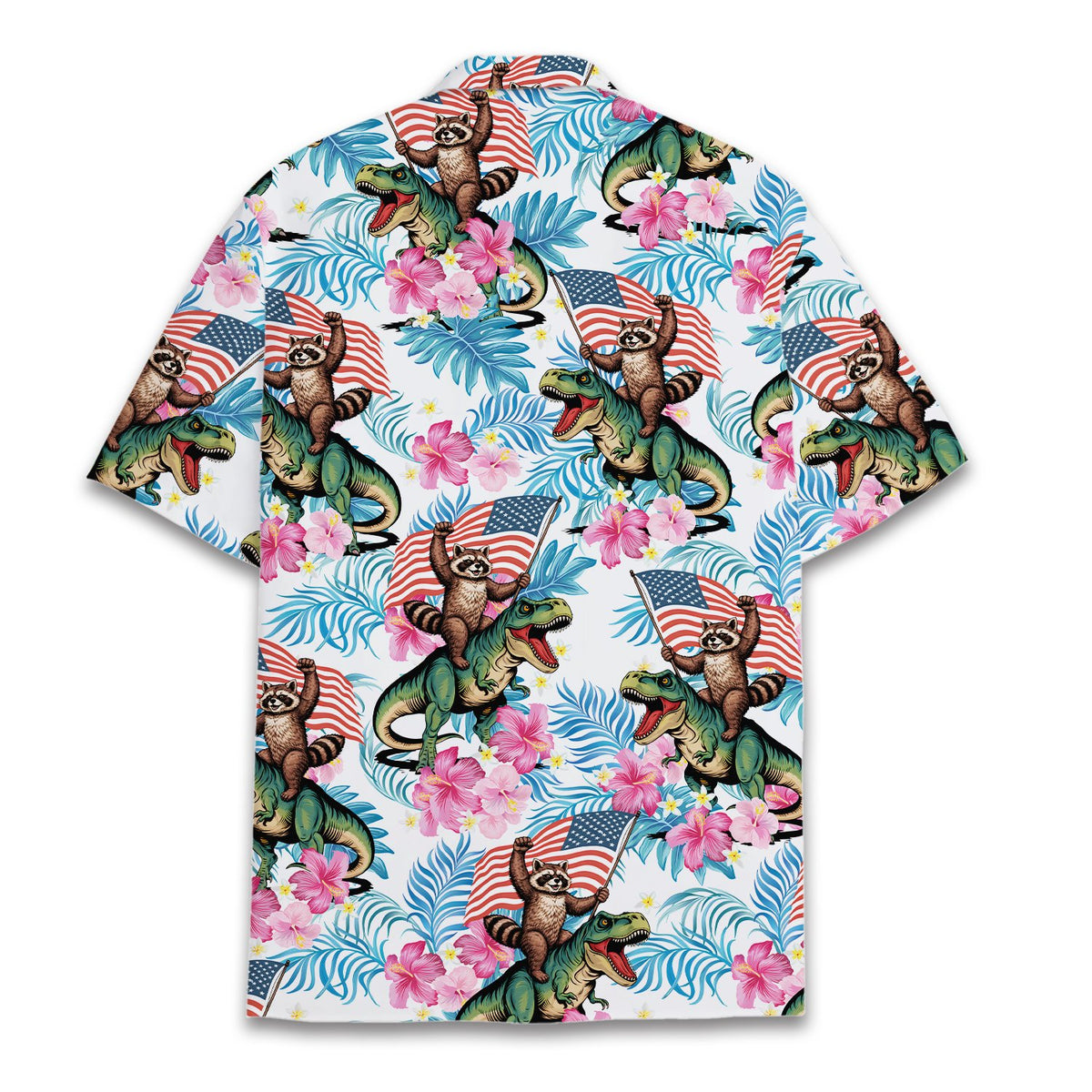 Back view of the fourth of july hawaiian shirt featuring a raccoon and T-Rex patriotic tropical print