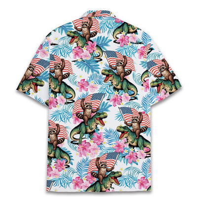 Back view of the fourth of july hawaiian shirt featuring a raccoon and T-Rex patriotic tropical print